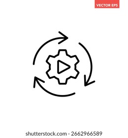 Single black Automation process gear line icon, simple representing workflow flat design infographic pictogram vector for app logo ads web button ui ux interface elements isolated on white background