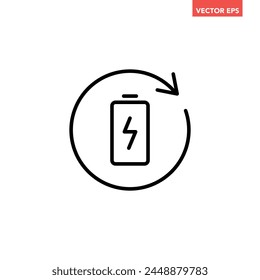 Single black battery recharge line icon, simple charging power cycle flat design pictogram vector for app ads web banner button ui interface elements isolated on white background
