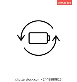 Single black battery recharge line icon, simple charging power cycle flat design pictogram vector for app ads web banner button ui interface elements isolated on white background