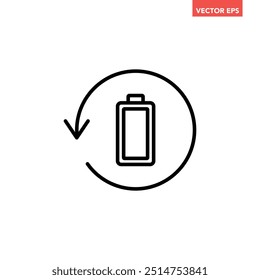 Single black battery recharge line icon, simple charging power cycle flat design pictogram vector for app ads web banner button ui interface elements isolated on white background
