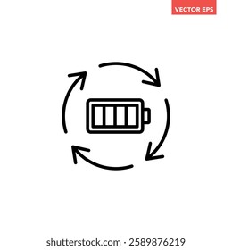 Single black battery recharge line icon, simple charging power cycle flat design pictogram vector for app ads web banner button ui interface elements isolated on white background