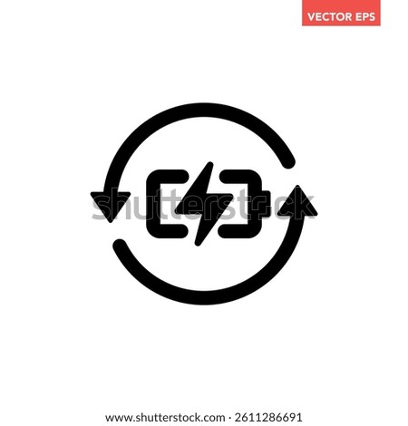 Single black battery recharge line icon, simple charging power cycle flat design pictogram vector for app ads web banner button ui interface elements isolated on white background