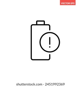 Single black battery with warning sign line icon, simple low power notification flat design vector pictogram, infographic interface elements for app logo web button ui ux isolated on white background