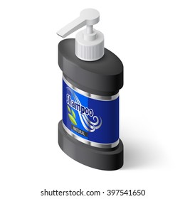Single Black Bottle of Shampoo with Lable on White