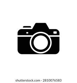 A single black camera featuring a lens, shutter button, and body, isolated on a plain white background, simple flat