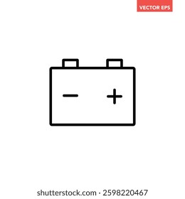 Single black car battery line icon, simple vehicle power with minus and plus flat design vector pictogram, infographic interface elements for app logo web button ui ux isolated on white background