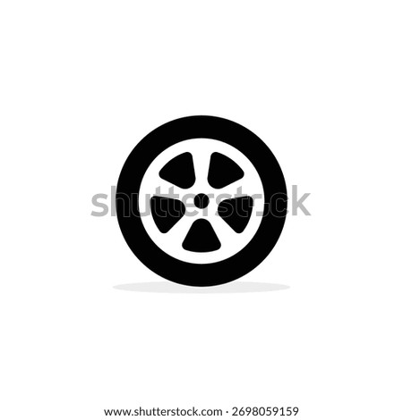 Single black car wheel and tire vector icon with a modern five-spoke rim design