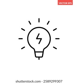 Single black charging lightbulb line icon, simple smart tech light flat design illustration pictogram, infographic vector for app web banner button ui interface elements isolated on white background