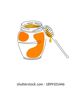 Single Black Continuous one line drawing. Honey jar with with dipper dripping. Sweet organic raw honey icon, contemporary outline design natural food store concept. Healthy vegan supplement vector