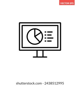 Single black data analysis on monitor line icon, simple financial dashboard admin flat design vector pictogram infographic interface elements for app logo web button ui ux isolated on white background