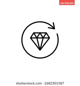 Single black diamond with rotation arrows line icon, simple vip exchange flat design infographic pictogram vector for app logo web button ui ux interface elements isolated on white background