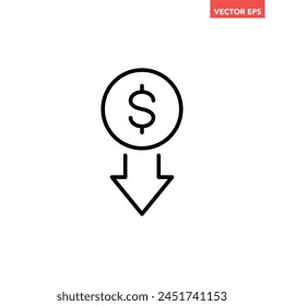 Single black dollar rate decrease line icon, simple currency down arrow flat design vector pictogram, infographic interface elements for app logo web button ui ux isolated on white background