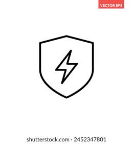 Single black electric shield line icon, electric station or voltage protection flat design vector pictogram, infographic interface elements for app logo web button ui ux isolated on white background