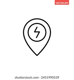 Single black electric station pin line icon, simple charging point flat design vector pictogram, infographic interface elements for app logo web button ui ux isolated on white background