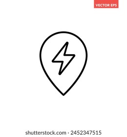 Single black electric station pin line icon, simple charging point flat design vector pictogram, infographic interface elements for app logo web button ui ux isolated on white background