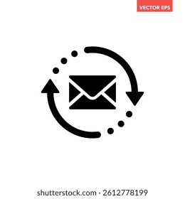 Single black email refresh icon, simple message with turning circle flat design infographic pictogram vector for app logo ads web button ui ux interface elements isolated on white background