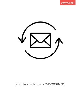 Single black email refresh line icon, simple message with turning circle flat design pictogram vector for app logo ads web webpage button ui ux interface elements isolated on white background