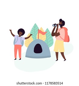 Single black father and son african americans spending time together - resting on camping in forest with tent and binoculars in hand with backpacks on back. Vector illustration in flat cartoon style