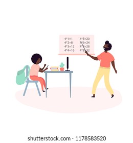 Single black father and son african americans spending time together - doing school lessons, dad teaching multiplication table in room at home. Vector illustration in flat cartoon style