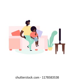 Single black father and son african americans spending time together - sitting on sofa watching TV in room at home. Vector illustration in flat cartoon style