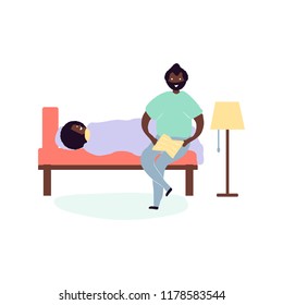 Single black father and son african americans spending time together - reading in bed fairy tale from book for night sleep. Vector illustration in flat cartoon style