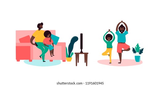 Single black father and son african americans spending time together - sitting on sofa watching TV doing yoga exercises in room home leisure sport activity. Vector illustration in flat cartoon style