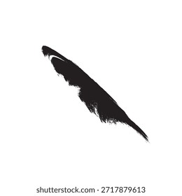 A single black feather depicted as a brush stroke, isolated on a white background.