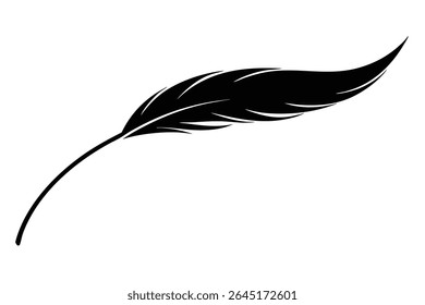 A single black feather silhouette vector illustration on a white background The feather is depicted in profile with detailed textural lines suggesting a soft yet firm structure.