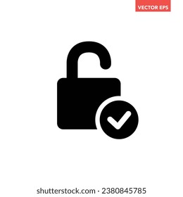 Single black filled unlock successful icon, simple release lock approved flat design pictogram vector for app ads web banner button ui ux interface elements isolated on white background