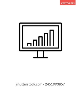 Single black Financial analysis on monitor line icon, simple business growing graph flat design pictogram vector for app ads web banner button ui ux interface elements isolated on white background