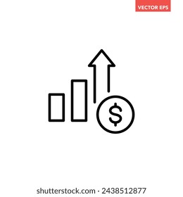 Single black financial growing graph line icon, simple positive earning chart flat design pictogram vector for app ads web banner button ui ux interface elements isolated on white background