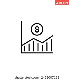 Single black financial growing graph line icon, simple positive earning chart flat design pictogram vector for app ads web banner button ui ux interface elements isolated on white background