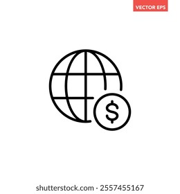 Single black global finance line icon, simple worldwide financial operation flat design illustration pictogram for infographic interface element for app logo web button ui isolated on white background