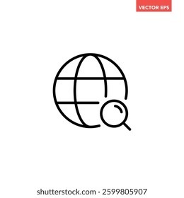 Single black globe with magnifying glass line icon, simple flat design illustration pictogram, infographic vector for app ads logo web banner button ui interface elements isolated on white background