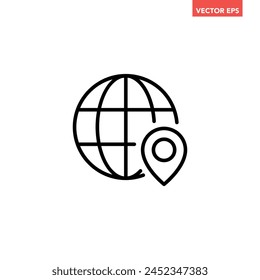 Single black globe with pin line icon, simple world map location flat design vector pictogram, infographic interface elements for app logo web button ui ux isolated on white background