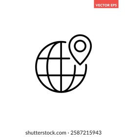 Single black globe with pin line icon, simple world map location flat design vector pictogram, infographic interface elements for app logo web button ui ux isolated on white background