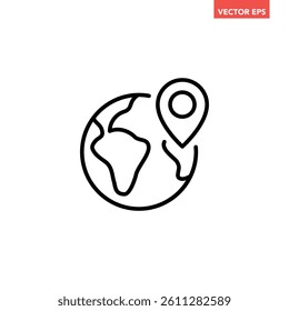Single black globe with pin line icon, simple world map location flat design vector pictogram, infographic interface elements for app logo web button ui ux isolated on white background