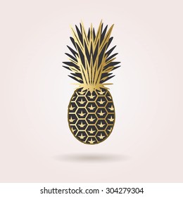 Single black and golden abstract pineapple icon with dropped shadow on pink gradient background