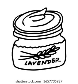 Single black hand drawn lavender hand or face cream icon, isolated on white background. Doodle vector illustration. 