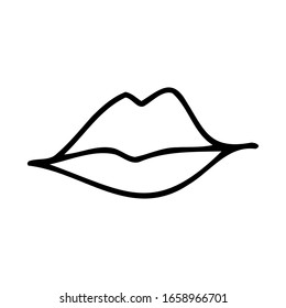 Single black hand drawn lips icon, isolated on white background. Doodle vector illustration. 