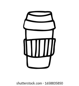 Single black hand drawn plastic cup of coffee away icon, isolated on white background. Doodle vector illustration. 