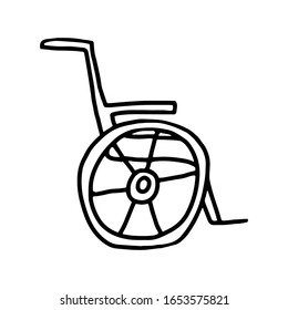Single black hand drawn wheelchair icon, isolated on white background. Doodle vector illustration. 