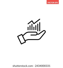 Single black hand and profit line icon, simple successful growing graph flat design vector pictogram, infographic interface elements for app logo web button ui ux isolated on white background