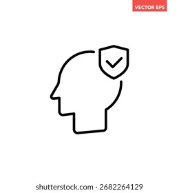 Sola cabeza negra con el icono de la línea del escudo, pictograma plano simple del Vector del diseño de la salud mental, Elementos de interfaz de la infografía para el Botón del Web del logotipo del App ui ux aislado en el fondo blanco