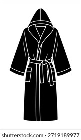 Single black hooded bathrobe or dressing gown silhouette, spa clothing vector.