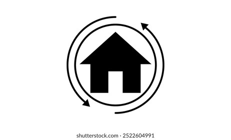 Single black house renovation icon, featuring a simple update design with an arrow symbolizing home improvements. Flat, minimalist style, ideal for modern home renovation and construction projects.