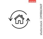 Single black house renovation line icon, simple update home with arrow flat design pictogram vector for app logo ads web webpage button ui ux interface elements isolated on white background