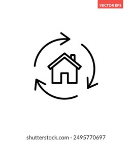 Single black house renovation line icon, simple update home with arrow flat design pictogram vector for app logo ads web webpage button ui ux interface elements isolated on white background