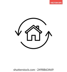 Single black house renovation line icon, simple update home with arrow flat design pictogram vector for app logo ads web webpage button ui ux interface elements isolated on white background