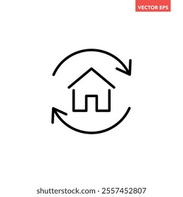 Single black house renovation line icon, simple update home with arrow flat design pictogram vector for app logo ads web webpage button ui ux interface elements isolated on white background